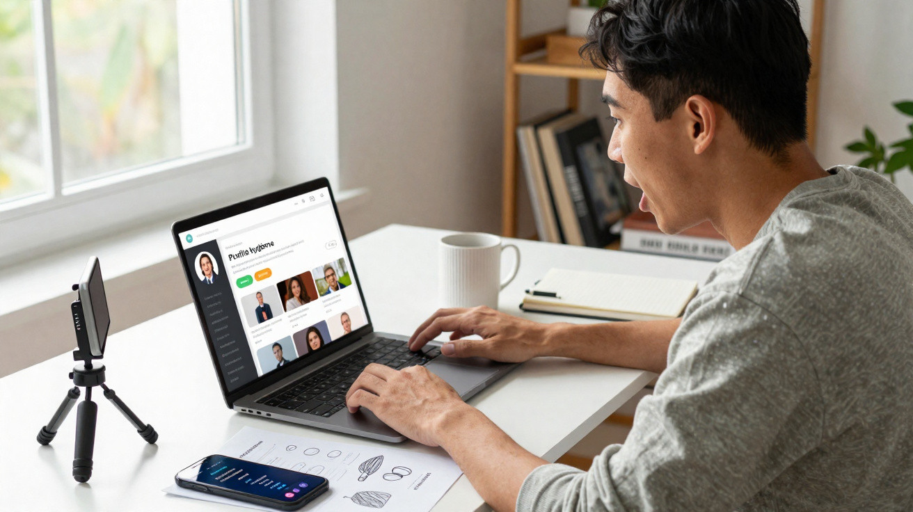 Homem usando laptop em mesa com celular e câmera, participando de reunião virtual perto da janela.