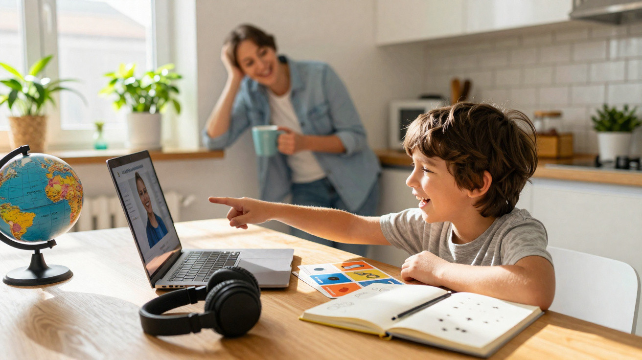 Menino apontando para laptop durante aula online na cozinha, com mulher sorrindo ao fundo segurando uma caneca.