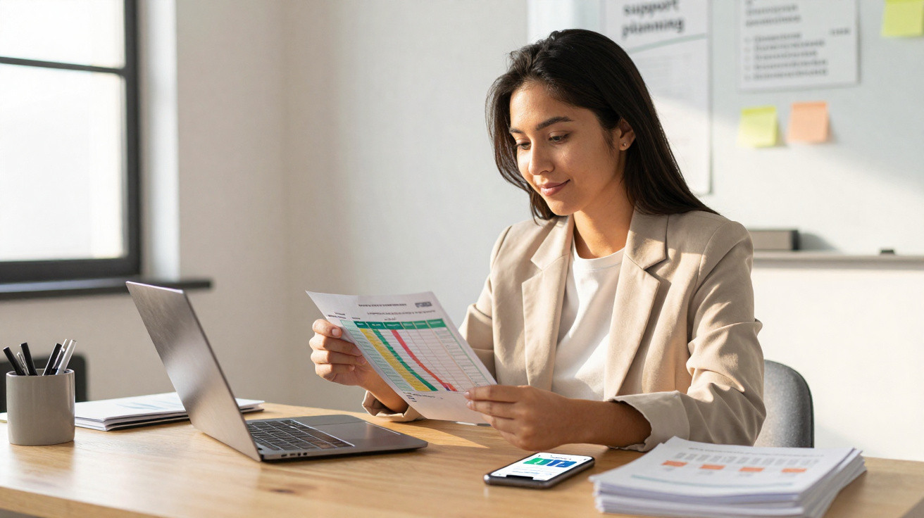 Mulher analisando gráficos em folha, sentada à mesa com notebook, celular e documentos no escritório iluminado.