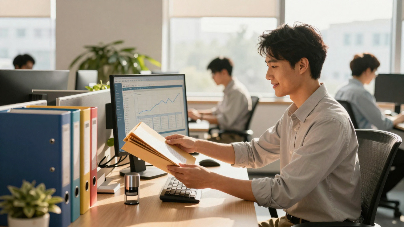 Homem lendo documento sentado em mesa com computador e gráficos em escritório moderno.