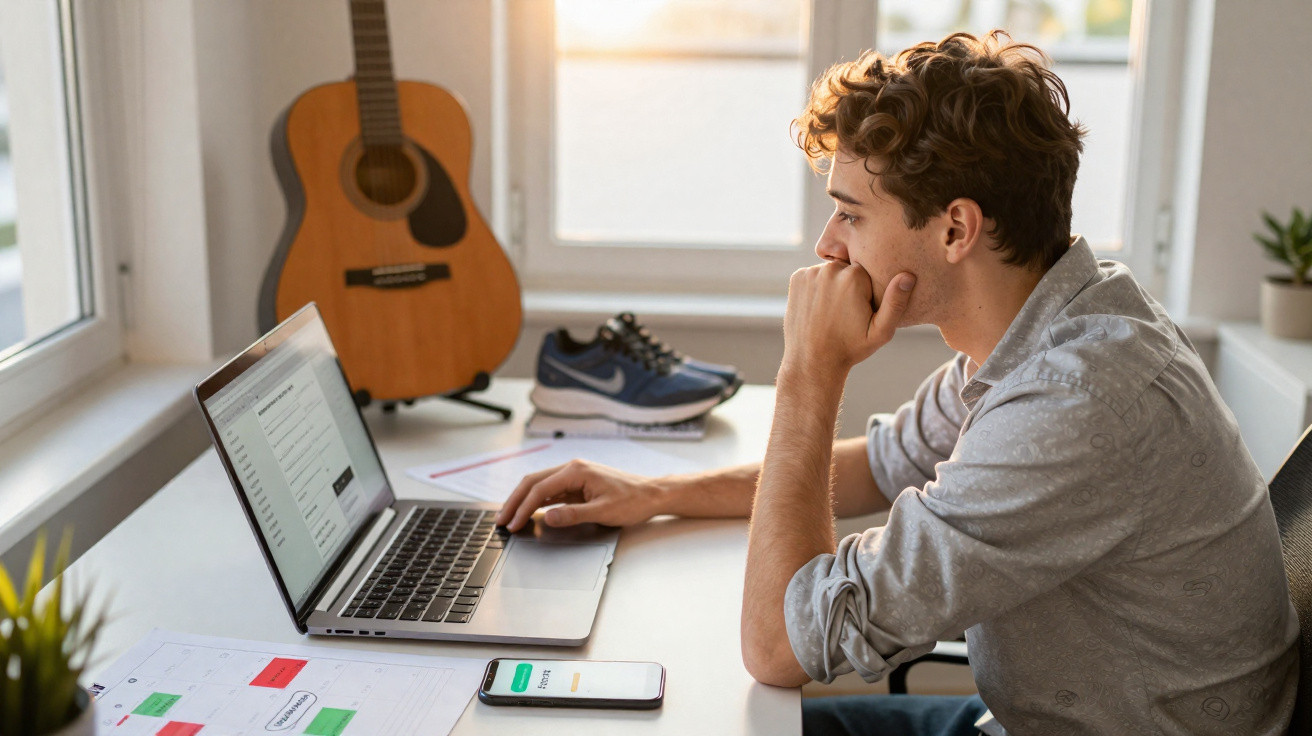 Jovem sentado à mesa usando laptop, com celular e violão ao fundo, em ambiente iluminado pela janela.