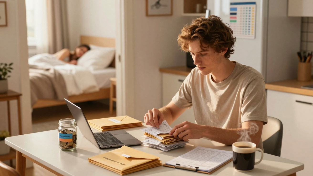 Jovem organiza cartas e papéis em mesa com laptop e café, enquanto outra pessoa dorme no quarto ao fundo.