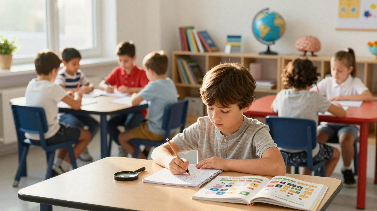 Criança escrevendo em caderno com lápis em sala de aula, outras crianças estudando em grupos ao fundo.