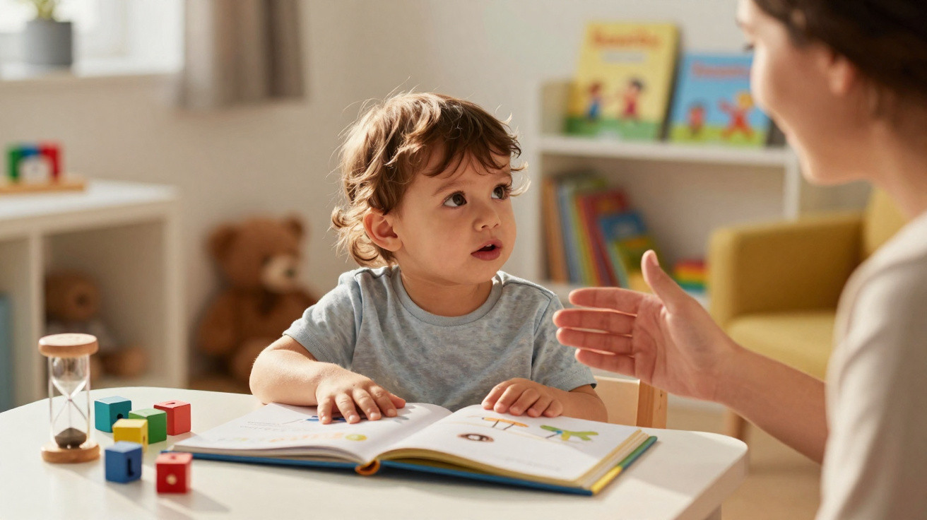 Criança sentada à mesa lendo livro ilustrado enquanto conversa com adulto em ambiente colorido e educativo.
