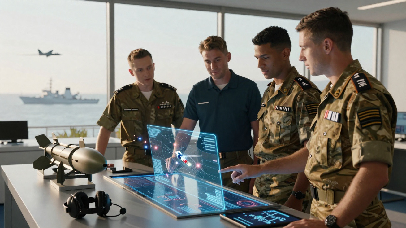 Quatro militares analisam holograma tático sobre mesa em sala com vista para mar e navio de guerra.