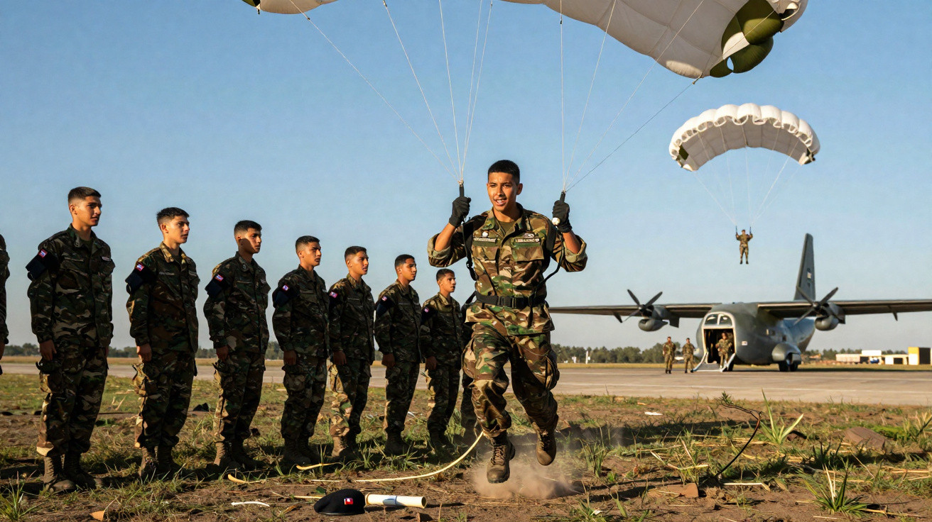 Soldado saltando de paraquedas diante de fila de militares e avião no chão em dia ensolarado.