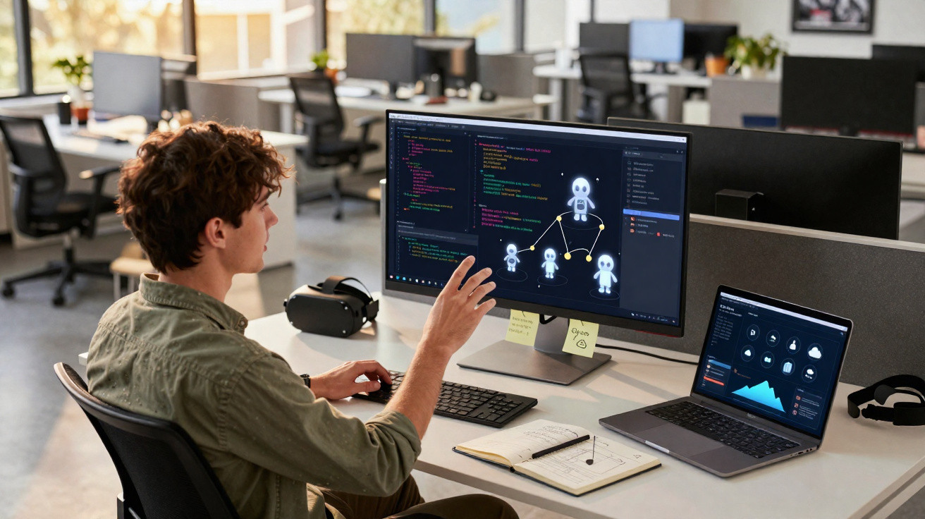 Jovem programador trabalhando em códigos e gráficos em dois monitores em escritório moderno e iluminado.