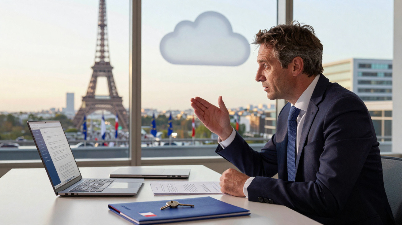 Homem de terno em reunião por videoconferência com Torre Eiffel ao fundo em escritório moderno.