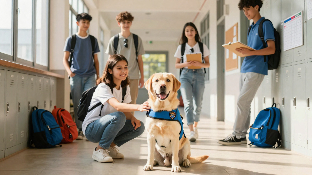 Estudantes em corredor de escola interagem com cachorro usando colete azul de trabalho.