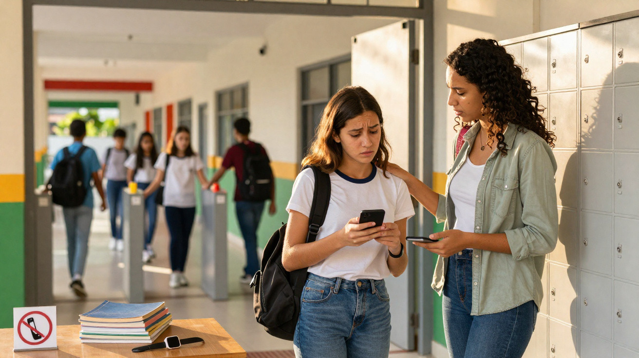 Estudante triste recebendo apoio de colega em corredor escolar com outros alunos ao fundo.