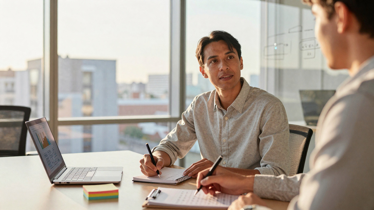 Dois homens em reunião de trabalho, tomando notas, com laptop e gráficos na mesa em escritório moderno.