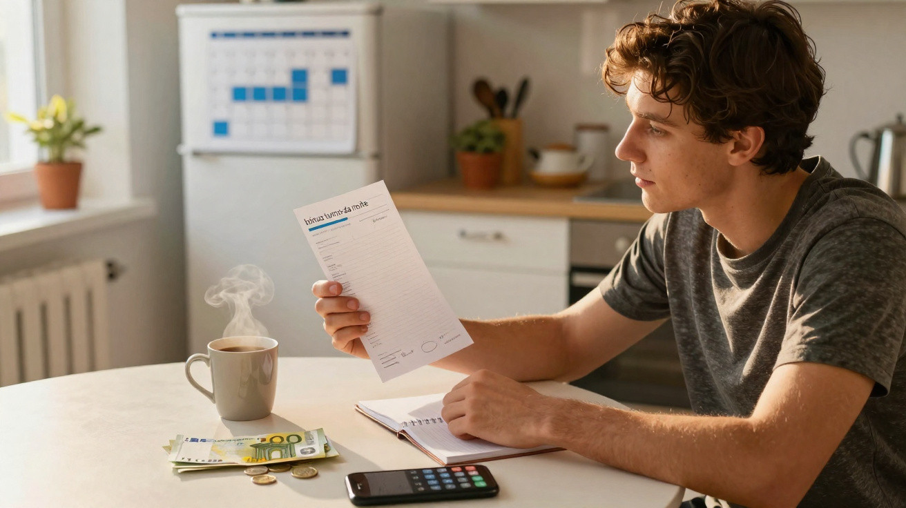 Jovem sentado à mesa com conta na mão, notas de euro, calculadora e café quente na cozinha.