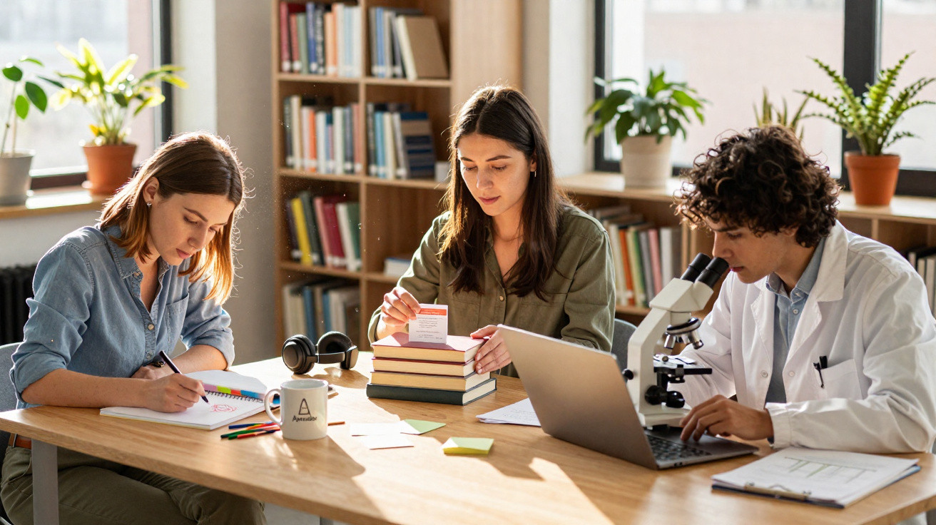 Três estudantes estudando em mesa com livros, laptop e microscópio em sala de biblioteca iluminada.