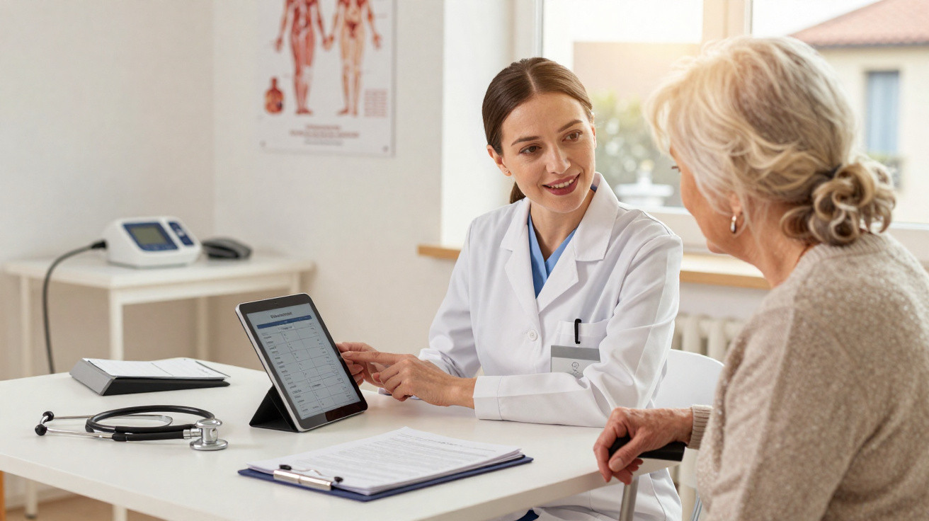 Médica conversa com paciente idosa enquanto aponta informações em tablet em consultório clínico.