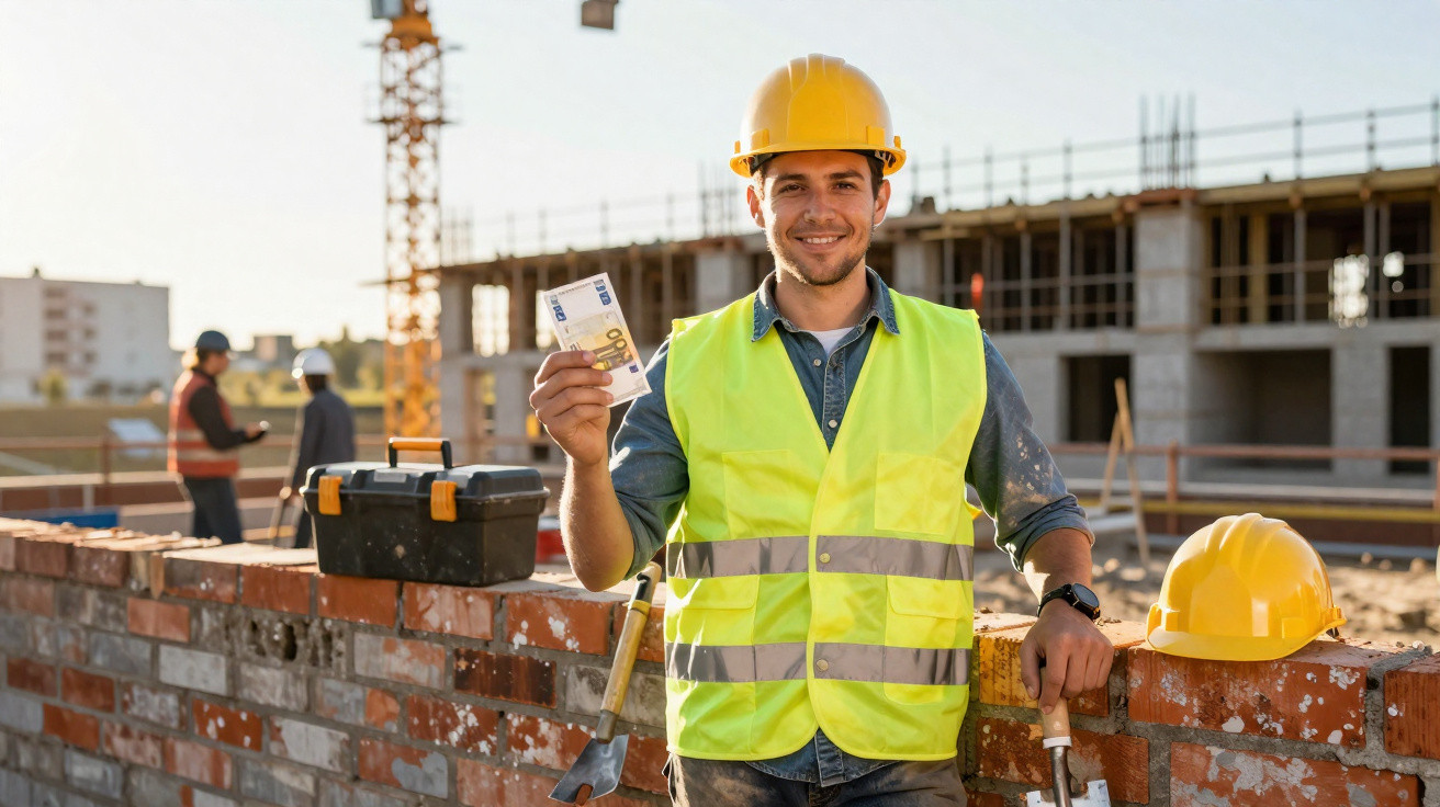 Homem com capacete e colete refletivo segurando dinheiro em obra de construção civil.