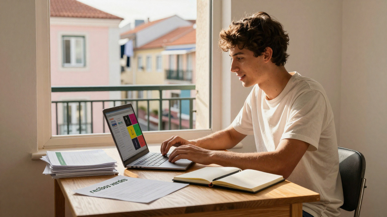 Jovem sentado à mesa usando laptop para estudar com cadernos e documentos perto de janela iluminada.