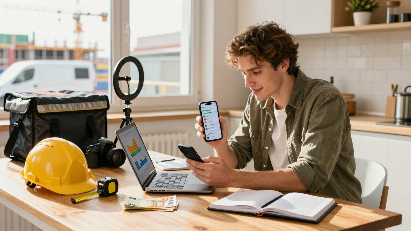 Jovem sentado à mesa, usando smartphone e laptop, rodeado por equipamentos de construção e material de estudo.