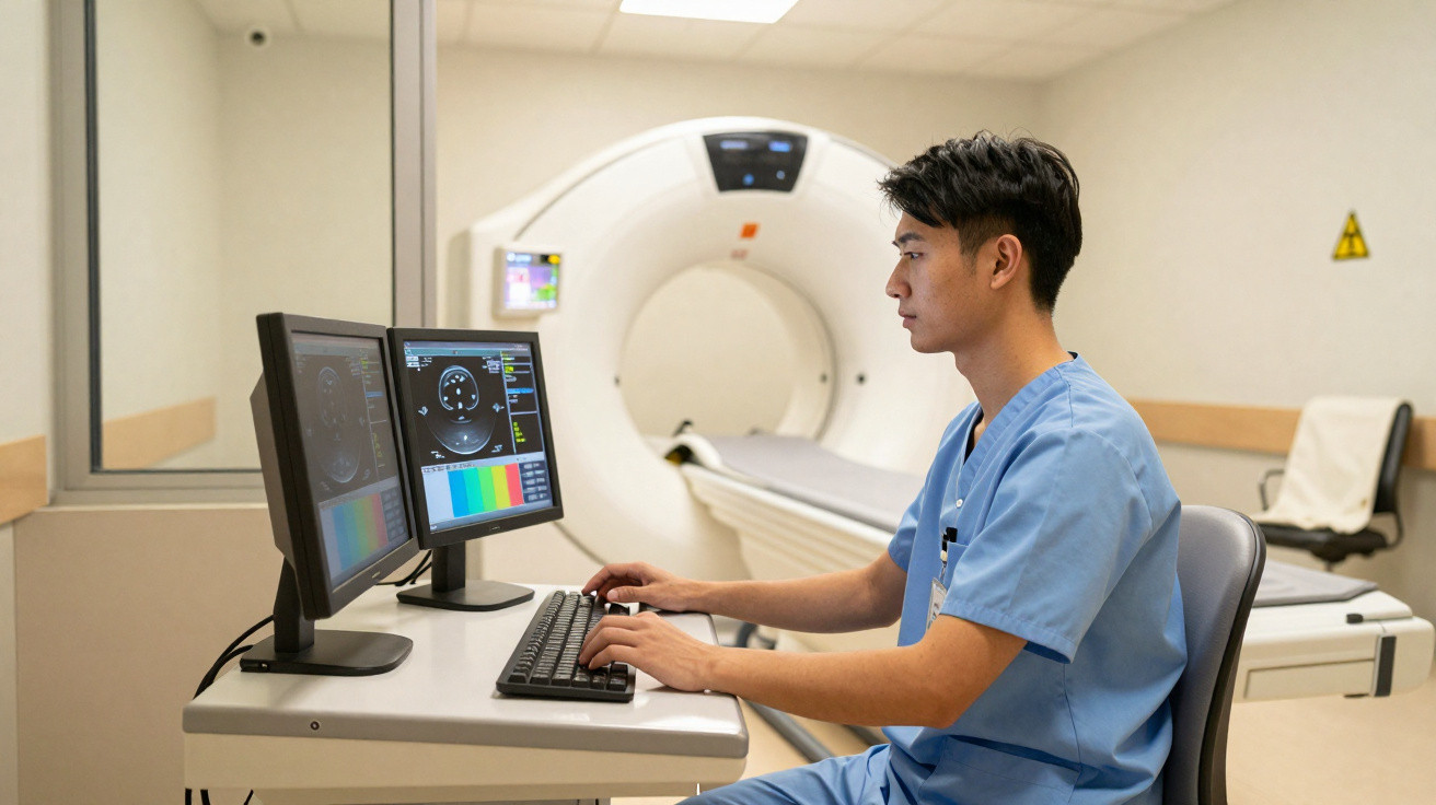 Profissional de saúde em scrubs azuis analisando imagens médicas em dois monitores ao lado de aparelho de ressonância magnéti