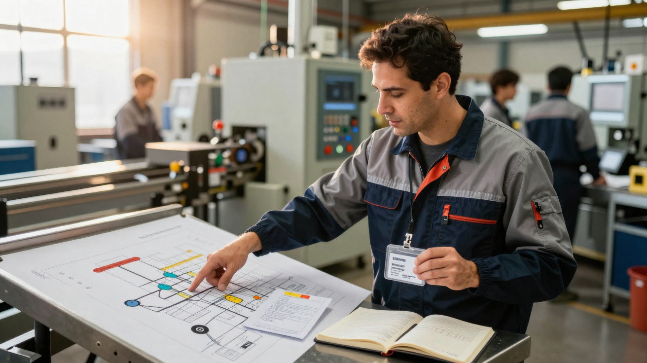 Homem em uniforme analisando planta técnica sobre mesa em ambiente industrial com máquinas e colegas ao fundo.