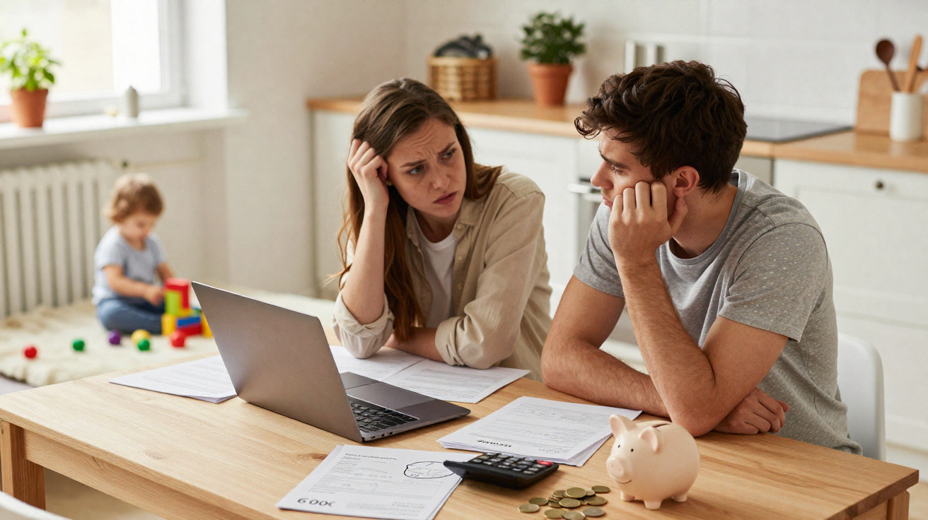 Casal preocupado analisando contas em mesa com laptop, cofrinho, moedas e criança brincando ao fundo.