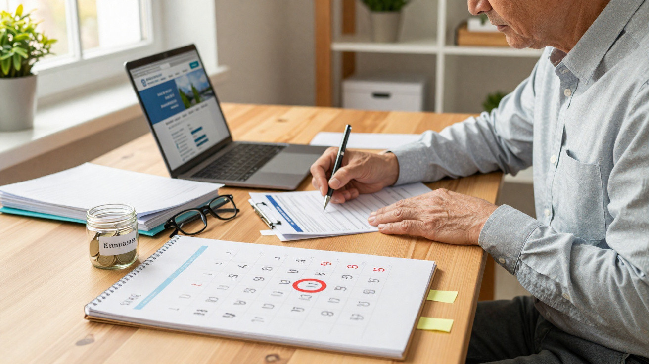 Homem escrevendo em documento com notebook, calendário e jarra com moedas sobre mesa de madeira.