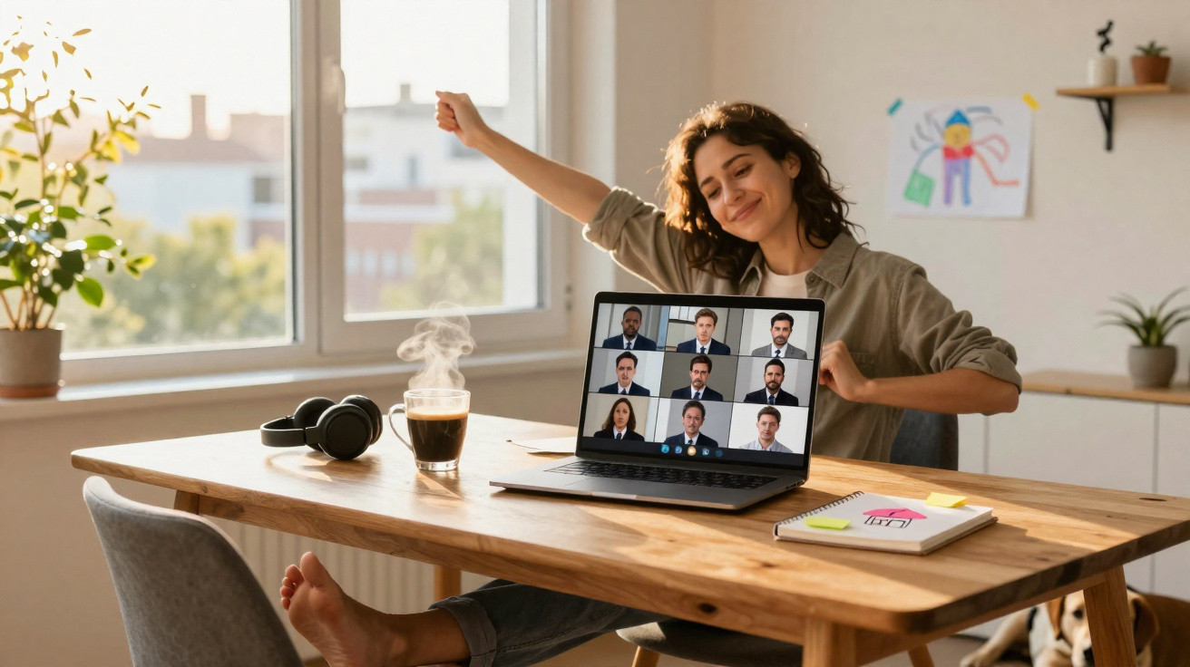 Mulher sorrindo faz alongamento enquanto participa de videoconferência em laptop na mesa de madeira.