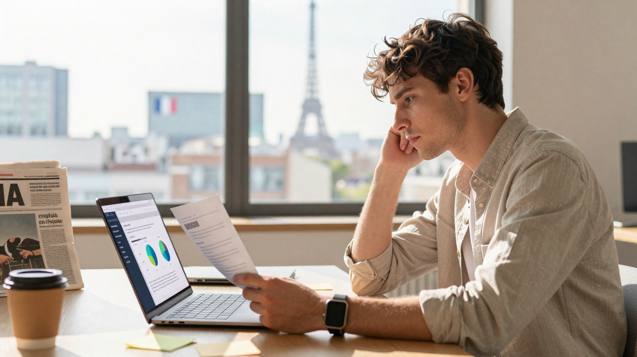 Homem analisando documentos e gráficos no computador, com a Torre Eiffel ao fundo em uma janela.