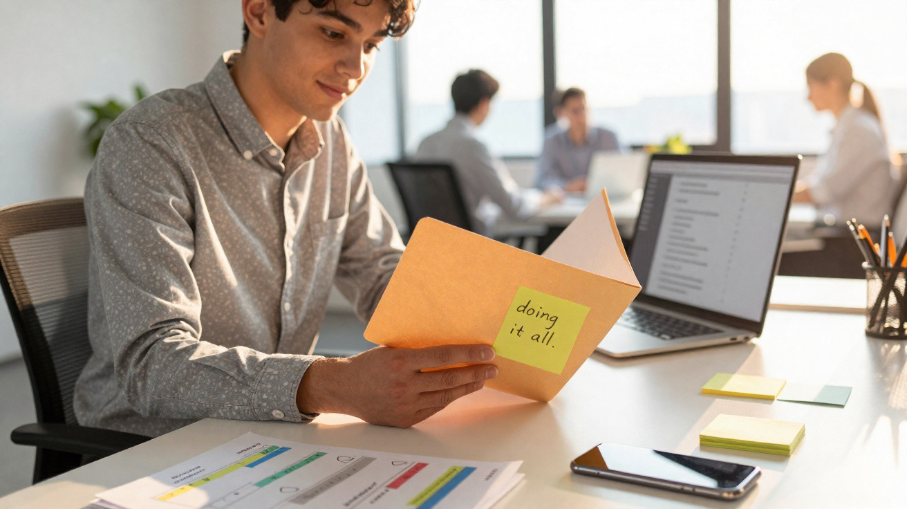 Jovem lendo documento com post-it "doing it all" em escritório moderno com laptop e celular na mesa.