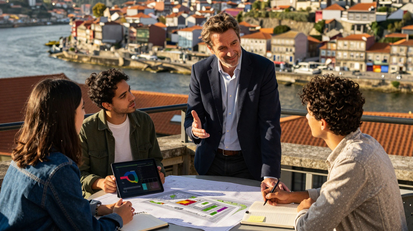 Grupo de quatro pessoas discutindo projetos com mapas e gráficos em área externa com vista para rio e casas.