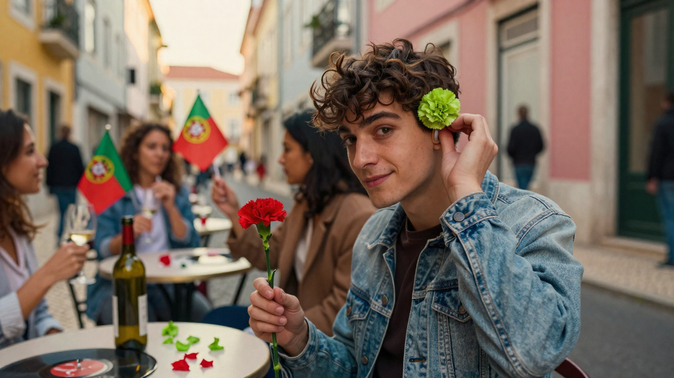 Jovem com flor verde no cabelo e flor vermelha na mão em café ao ar livre com pessoas e bandeiras de Portugal.