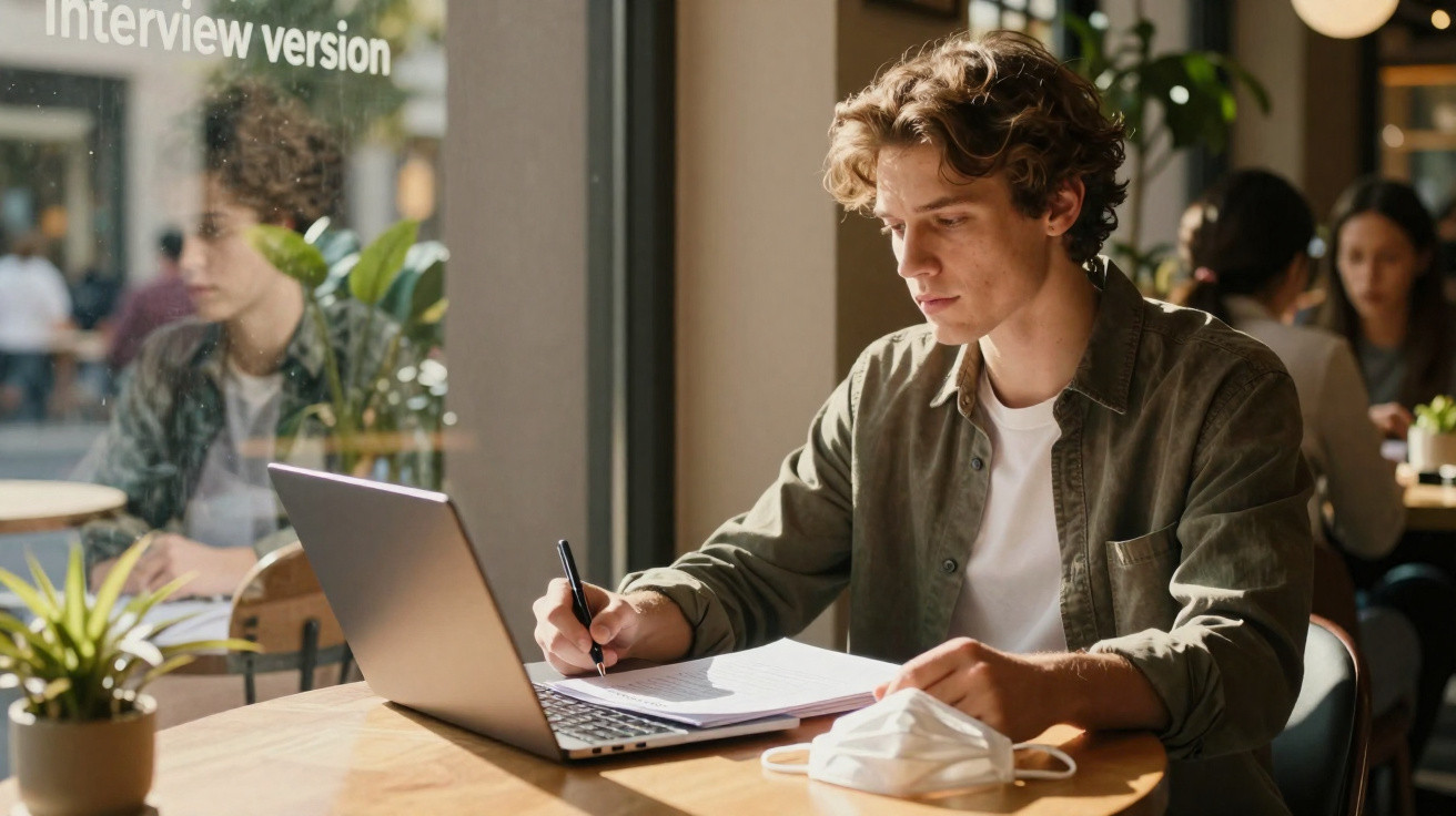 Jovem concentrado tomando notas em caderno, usando laptop em mesa de café com máscara descartável ao lado.