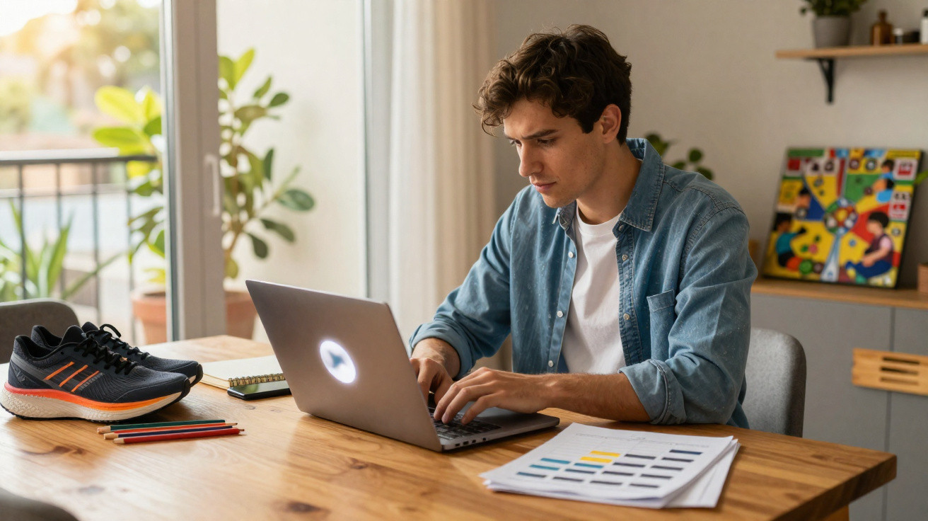 Jovem concentrado usando laptop em mesa com tênis, papel com gráficos e lápis coloridos em ambiente iluminado.