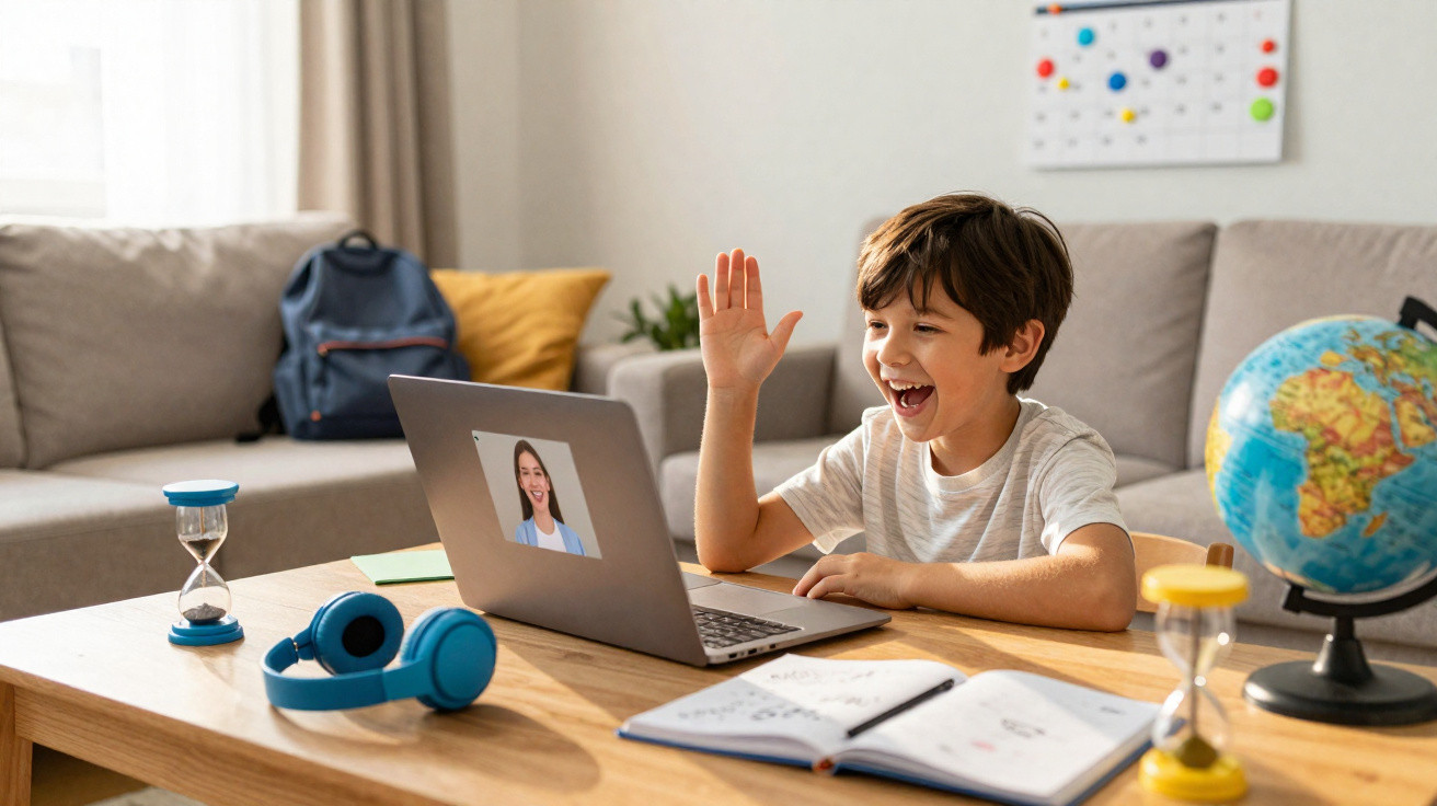 Criança sorrindo e acenando para professora em aula online com laptop em mesa de estudos.