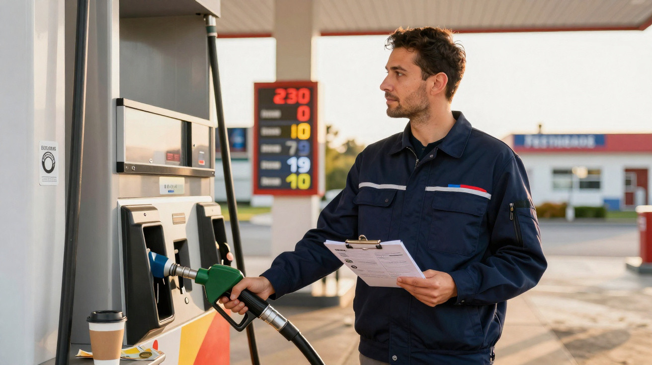 Homem com uniforme azul abastece veículo em posto de gasolina segurando prancheta.