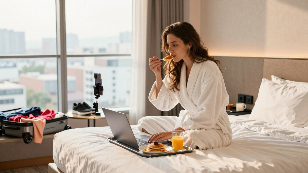 Mulher de robe branco comendo panquecas enquanto usa laptop sentada na cama de hotel com janela grande.