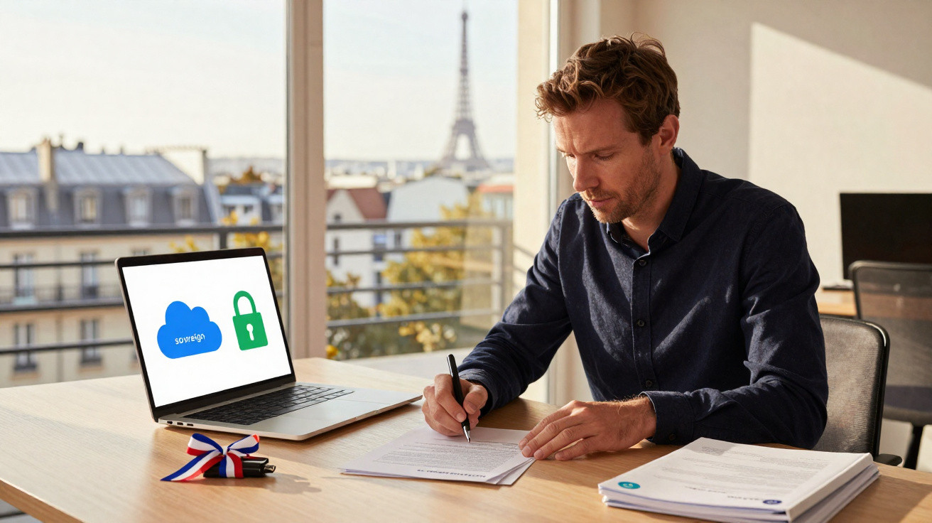 Homem escrevendo documentos em mesa com notebook aberto mostrando ícones de nuvem e cadeado, Torre Eiffel ao fundo.