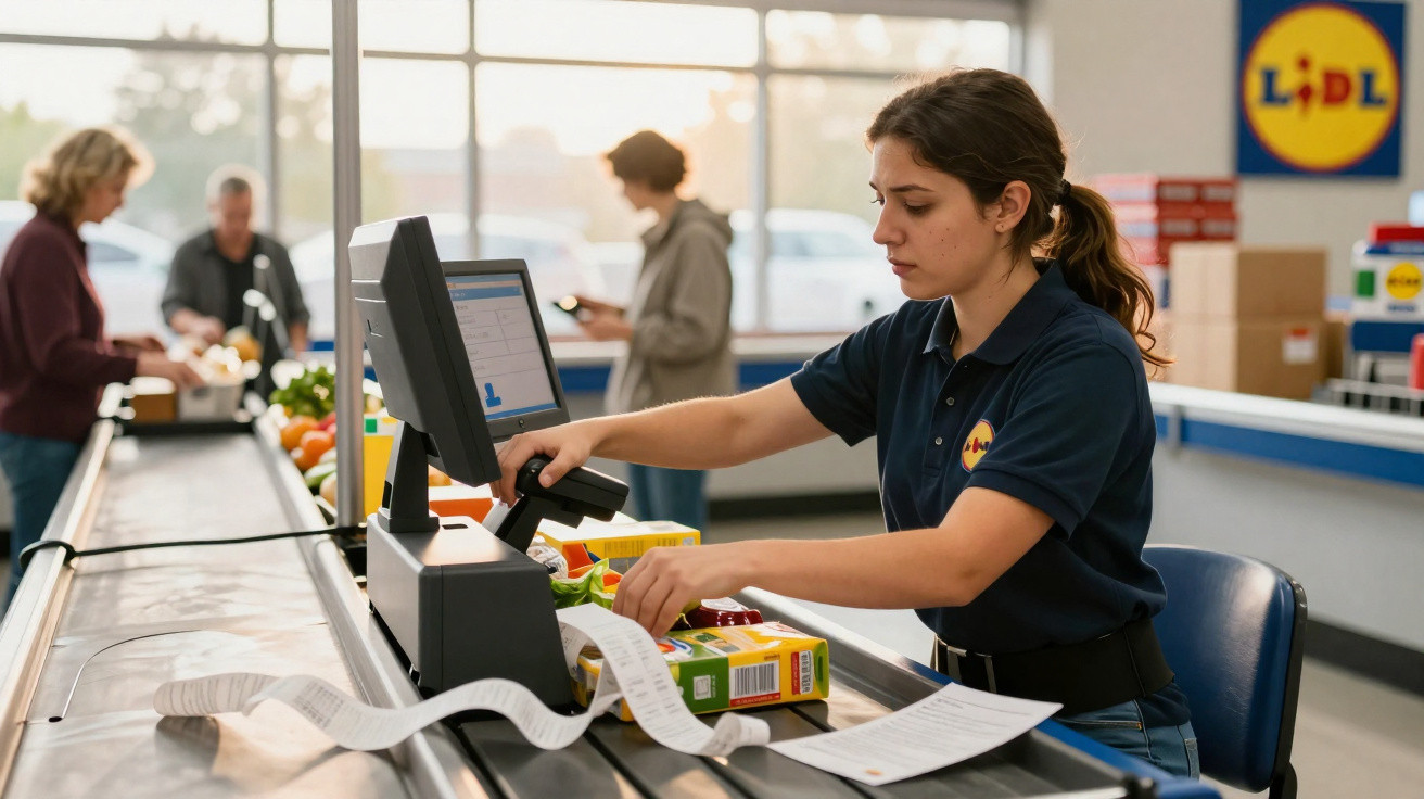 Caixa registradora do supermercado Lidl escaneando produtos com clientes ao fundo e recibo longo na esteira.
