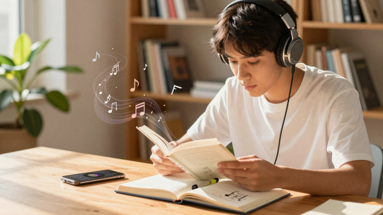 Jovem usando fones escutando música enquanto lê livro em mesa com celular e caderno.