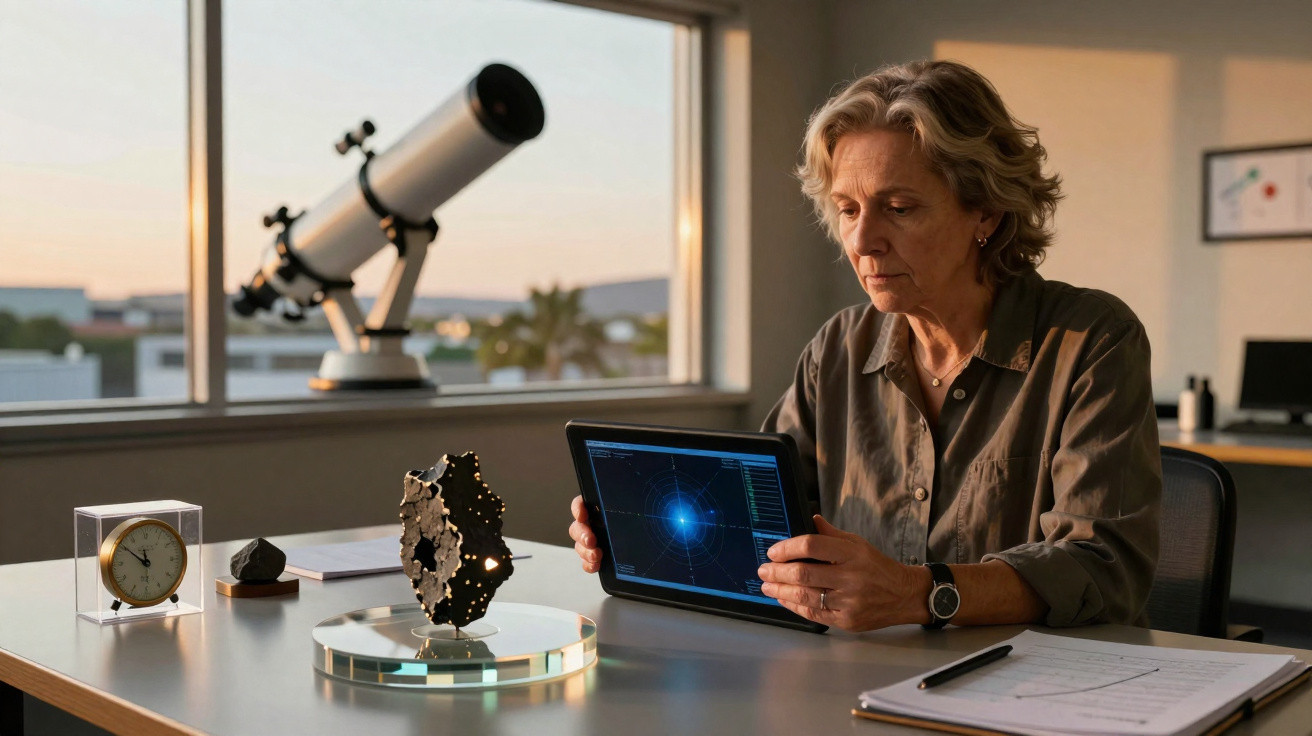 Mulher estudando modelo de estrela e dados astronômicos em tablet, com telescópio atrás da mesa no pôr do sol.