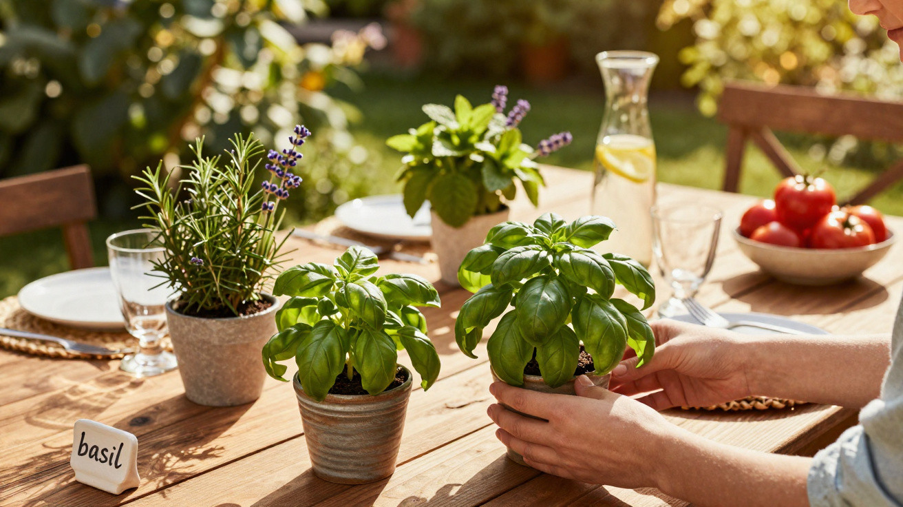 Mãos segurando vaso com manjericão em mesa ao ar livre com outras plantas e jarra de água.