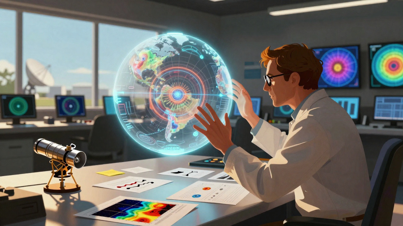 Cientista em laboratório interage com holograma 3D do mapa terrestre mostrando dados climáticos.