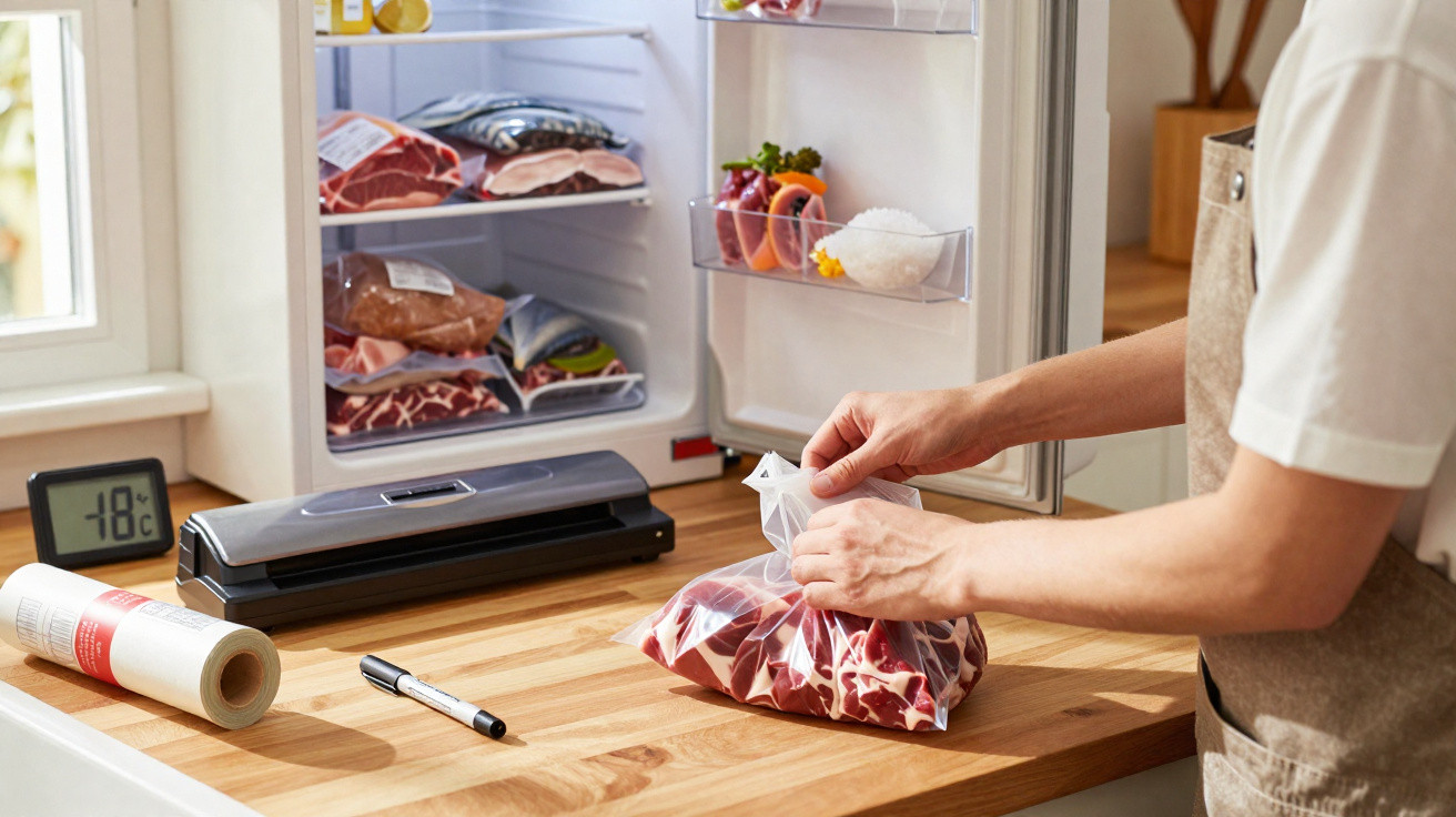 Pessoa embalando carne crua em saco plástico para vácuo na cozinha com geladeira aberta ao fundo.