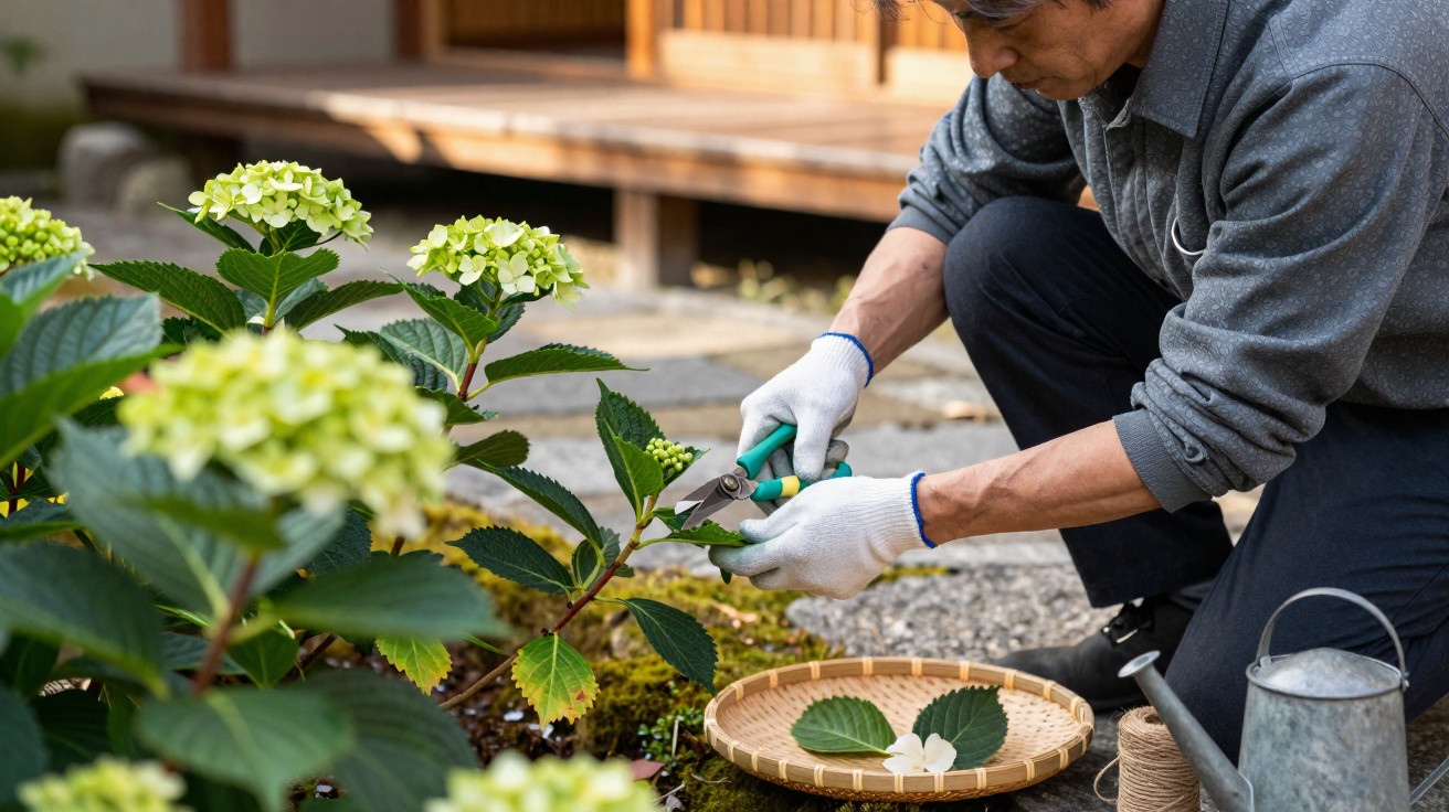 Pessoa podando plantas com tesoura de jardinagem ao lado de regador e cesto de vime.