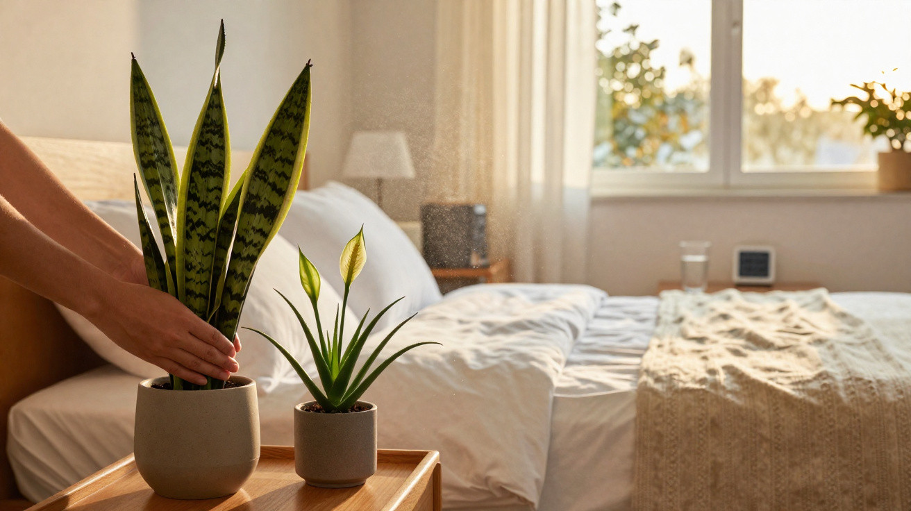Mãos ajustando planta em vaso em mesa de madeira ao lado de cama com cobertor bege em quarto iluminado.