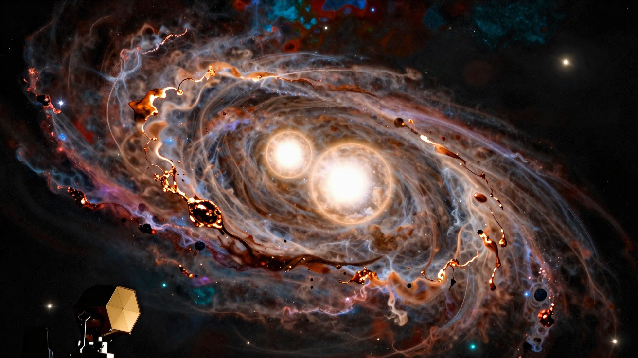 Ilustração do espaço com duas estrelas brilhantes cercadas por nuvens cósmicas e um equipamento terrestre em primeiro plano.