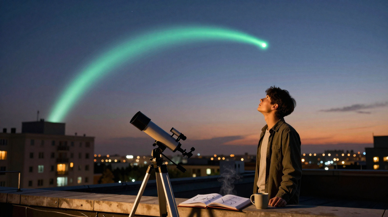 Pessoa observando com telescópio um cometa brilhante no céu ao entardecer em um telhado urbano.
