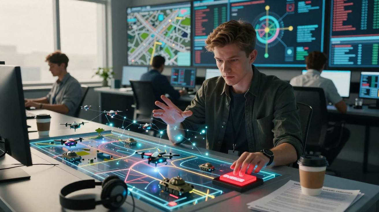 Homem controlando drones e tanques em mesa digital futurista com telas de monitoramento ao fundo.