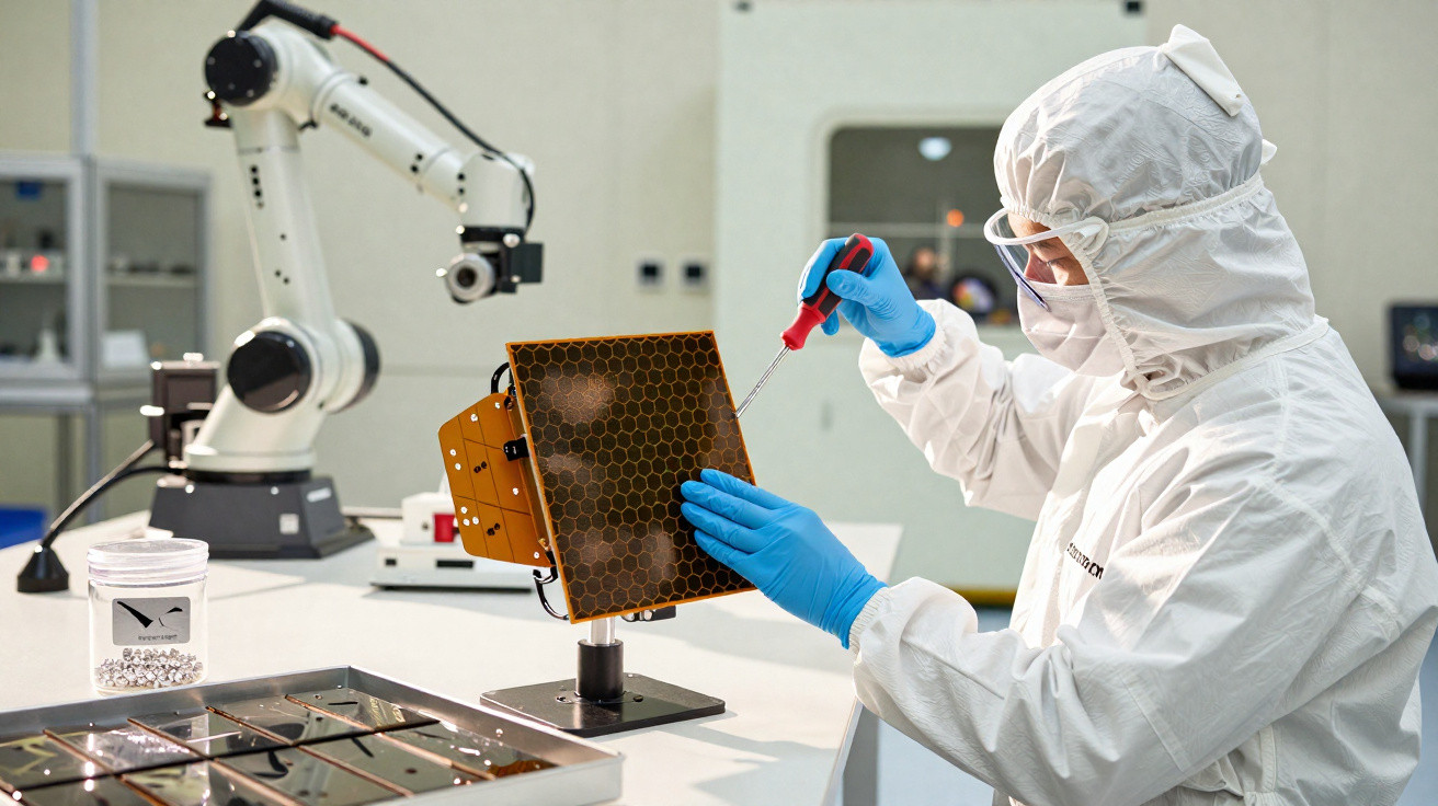 Técnico em laboratório manipulando equipamento eletrônico hexagonal com ferramenta, usando traje protetor e luvas azuis.