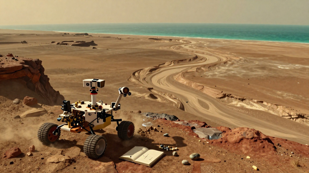 Rover explorando terreno árido com livro aberto e pedras perto da costa com mar azul ao fundo.