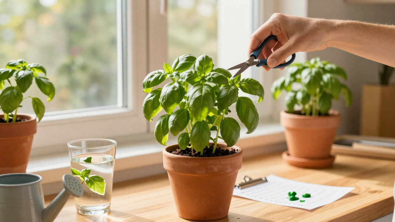 Mão aparando planta de manjericão em vaso sobre mesa próxima a janela iluminada.